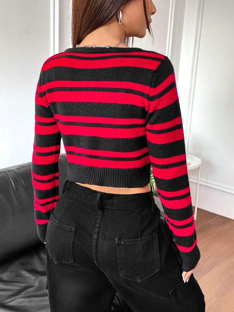 Striped Pattern Button Front Crop Cardigan Fall Cloth For Women