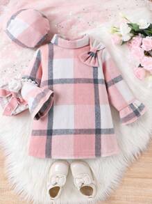 SHEIN 女小童格紋印花前蝴蝶結荷葉袖洋裝附帽子