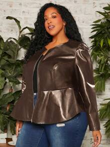 SHEIN CURVE+ Plus Zip Up Peplum PU Leather Jacket - Brown - View 3