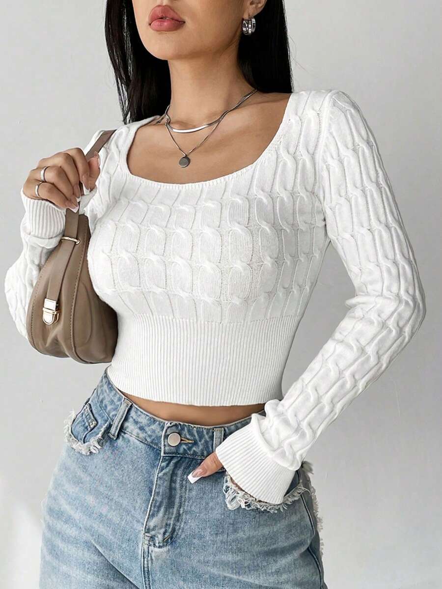 SHEIN Unity Women's Casual Daily Commute Simple Solid Color Crew Neck Cable Knit Wide Hem Crop Sweater, Autumn/Winter - White - View 1