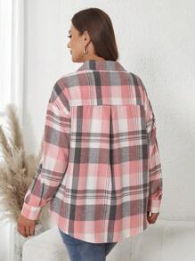 SHEIN LUNE Plus Size Women's Colorful Plaid Long Sleeve Pocket Shirt For Autumn & Winter - Pink - View 2