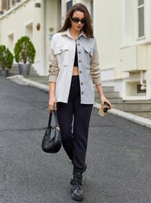 EURMUSE Abrigo de color combinado con bolsillo con solapa de hombros caídos - Multicolor - Ver 1