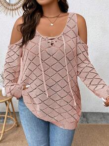 Calvaya Hơn Vai lạnh Lace lên phía trước Dệt kim chấm bi Áo len - Bụi hồng - Xem 7