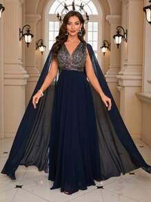 UNITHORSE Contrast Sequin Cloak Sleeve Prom Dress Elegant Long Sleeve Formal Evening Wedding Guest Gown, For Graduation, Dinner Party Dress - Navy Blue - View 9