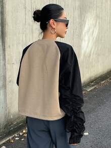 Dazy Star Contrast Binding Raglan Sleeve Striped Tape 2 In 1 Sweatshirt - Khaki - View 2