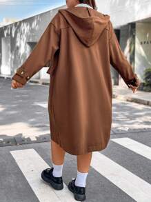 Flirla Plus Flap Pocket Drop Shoulder Duffle Overcoat - Brown - View 2