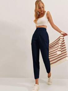 EURMUSE Fold Pleated Carrot Pants - Navy Blue - View 7