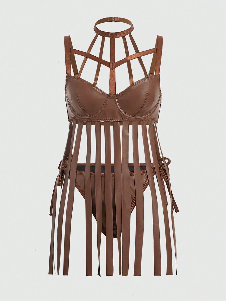 Grunge Punk 流蘇下擺 Pu 皮革內衣套裝 - 咖啡棕 - 查看 1