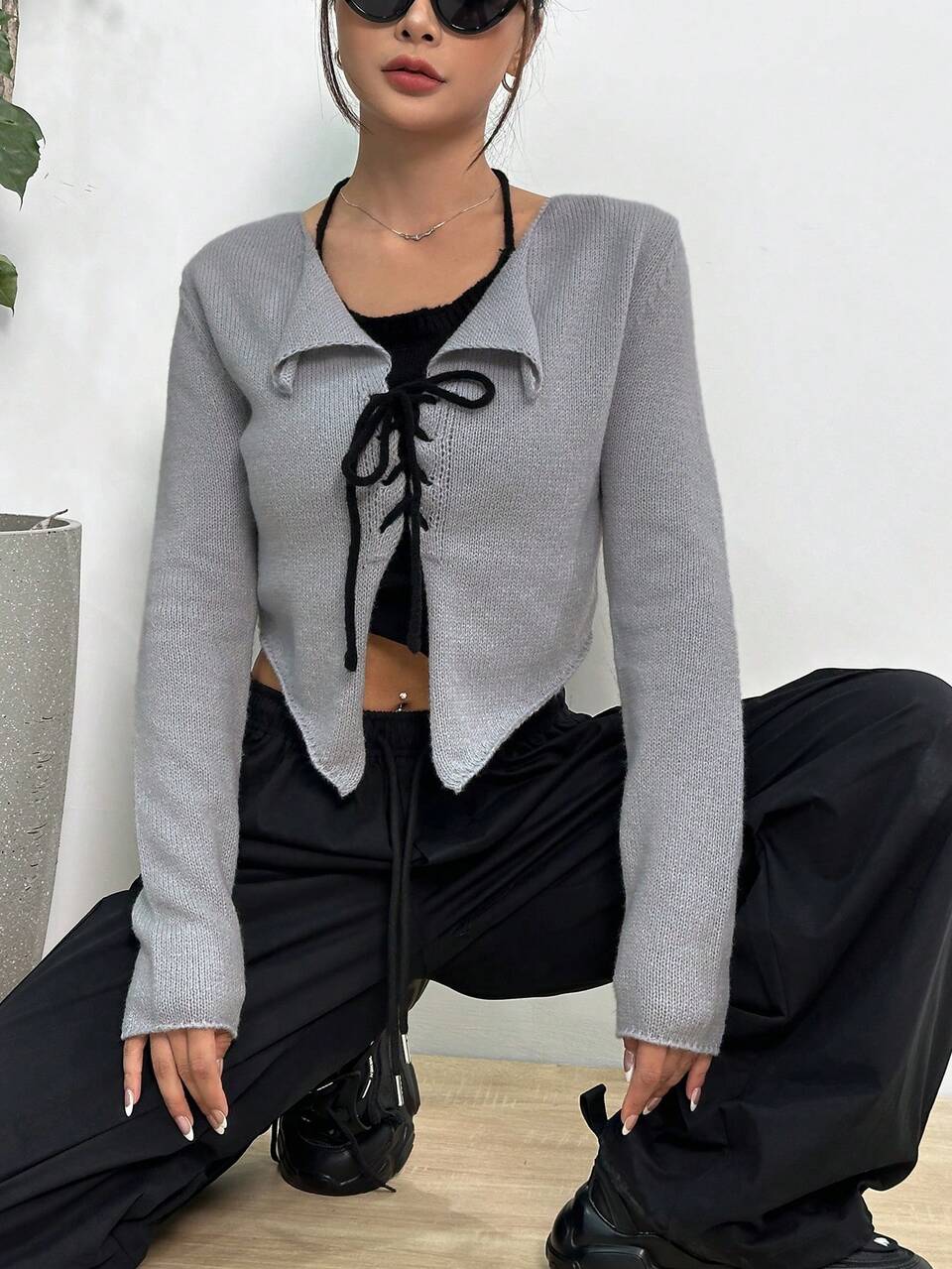 Lace Up Front Halter Neck 2 In 1 Crop Knit Pullover Fall Winter Sweater