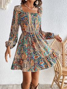SHEIN VCAY Paisley Print Lantern Sleeve Dress - Multicolor - View 5