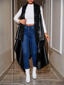 EURMUSE Ren tương phản Cổ áo thác nước Viền không đối xứng chất liệu da PU Áo vest - màu đen - Xem 3