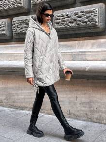 EURMUSE Slant Pocket Drawstring Side Hooded Quilted Coat