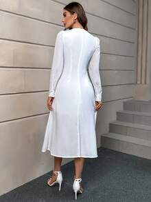 SHEIN Privé Solid Fold Pleated Detail A-line Dress - White - View 2
