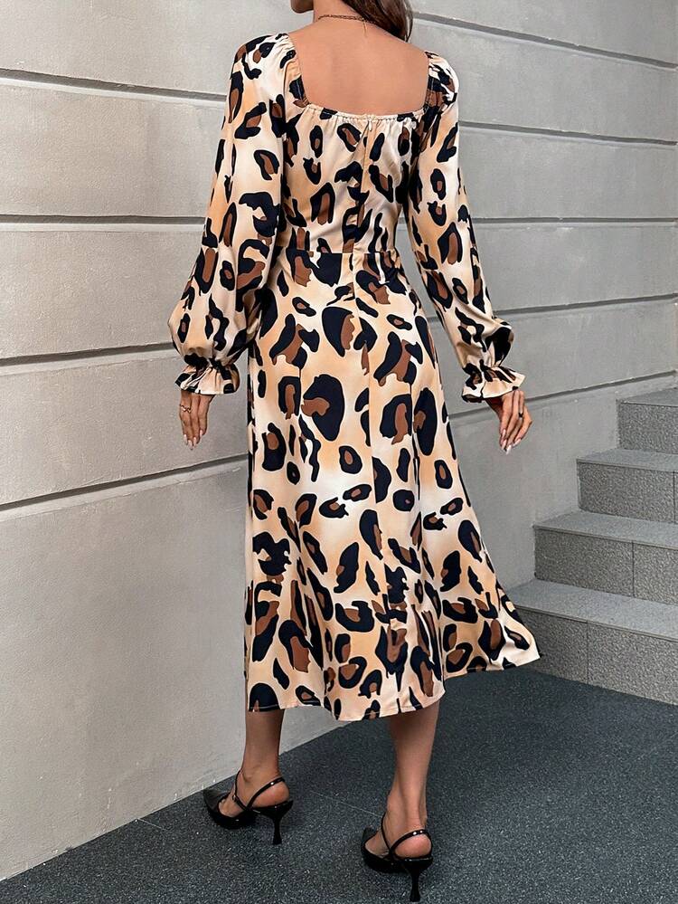 Leopard Print Knot Front Split Thigh Flounce Sleeve Dress