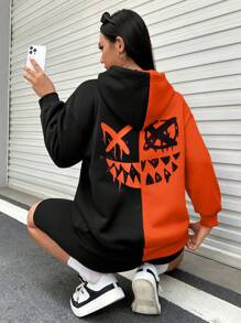 SHEIN EZwear 加大码双色卡通图案落肩卫衣 - 橘色 - 查看 1