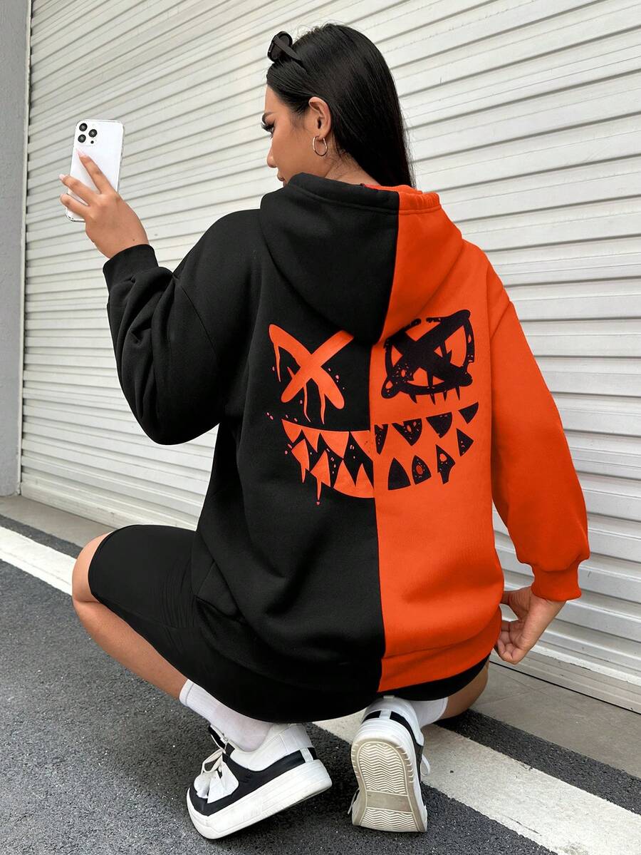 SHEIN EZwear 加大码双色卡通图案落肩卫衣 - 橘色 - 查看 1