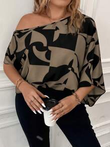 SHEIN Clasi Plus Size  Women's Summer Vacation Printed Simple Daily Shirt/Blouse With Face Print - Brown - View 3