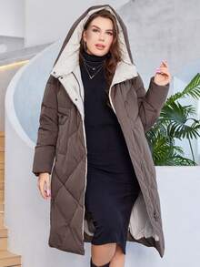 HaiLuoZi Plus Zip Up Hooded Padded Coat - Coffee Brown - View 8