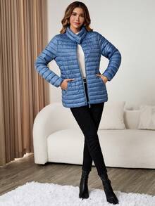 拉链斜口袋夹棉大衣 - 淺藍色 - 查看 4