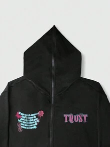 ROMWE MEN Street Life 男士標語和卡通圖案拉鏈連帽衫 - 黑色 - 查看 4