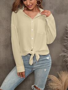 SHEIN LUNE Solid Drop Shoulder Patched Pocket Shirt Button Up Shirt - Apricot - View 4