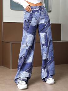 SHEIN ICON 色塊拼接圖案闊腿牛仔褲 - 藍色 - 查看 4