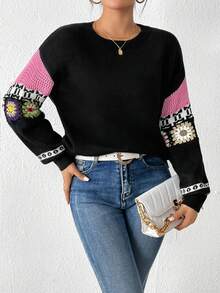 SHEIN LUNE 花卉圖案和幾何圖案落肩袖套頭毛衣 - 黑色 - 查看 4