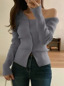DAZY Cárdigan de punto acanalado con botones, ropa de otoño - Gris Oscuro - Ver 1