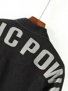 Teen Boy Letter Graphic Flap Pocket Denim Jacket Without Hoodie - Black - View 4