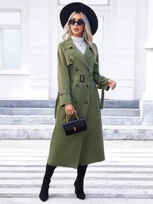 SHEIN Privé Đôi ngực Thắt lưng Áo khoác Trench - xanh quân đội - Xem 4