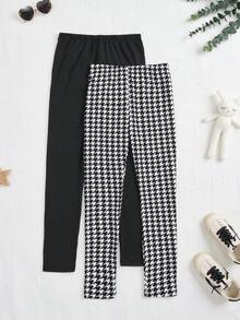 女大童2入組千鳥格印花緊身打底褲 - 黑與白 - 查看 2