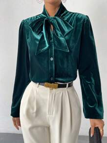 SHEIN Privé Tie Neck Button Front Velvet Shirt - Dark Green - View 1