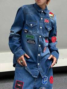 Manfinity Roghcode Men Letter Patched Detail Flap Pocket Denim Shirt - Blue - View 7