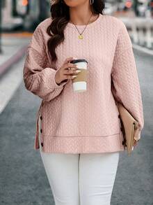 Calvaya 加大码落肩纽扣细节套头卫衣 秋季卫衣 - 粉色 - 查看 4