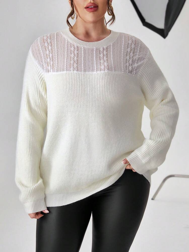 Plus Contrast Lace Drop Shoulder Sweater