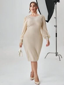 SHEIN Privé Plus 純色燈籠袖修身連身裙 - 卡其色 - 查看 6