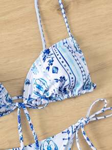 Floral Print Tie Side Bikini Set For Summer Beach Vacation - Multicolor - View 5