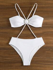 SHEIN Swim Women's Rhinestone Decorated Circular Design Hollow Out One-Piece Swimsuit, For Summer Beach Vacation - White - View 7