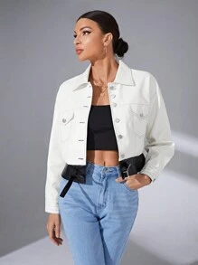 SHEIN Essnce Flap Pocket Drop Shoulder PU Leather Jacket - Black and White - View 3