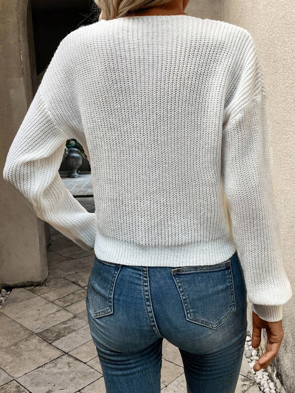 Twist Front Drop Shoulder Crop Knit Pullover Fall Winter Sweater