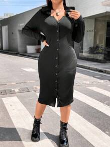 Flirla Plus Borg Collar Button Through Bodycon Dress - Black - View 4