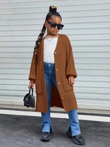 SHEIN 女大童落肩袖口袋貼布前紐扣開襟衫 - 駝色 - 查看 1