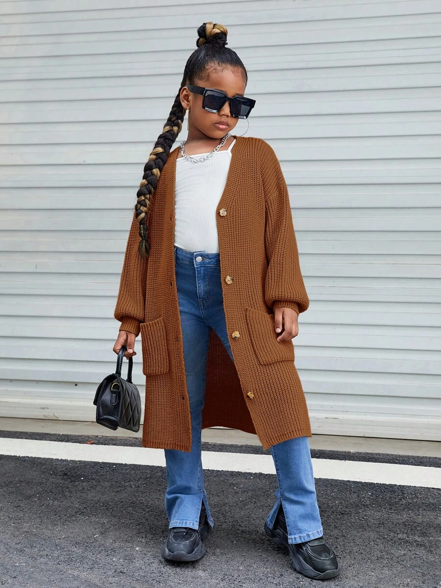 SHEIN 女大童落肩袖口袋貼布前紐扣開襟衫 - 駝色 - 查看 1