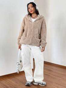 Muchica Túi Kép Thả vai áo có mũ Áo khoác Teddy - Màu Khaki - Xem 5