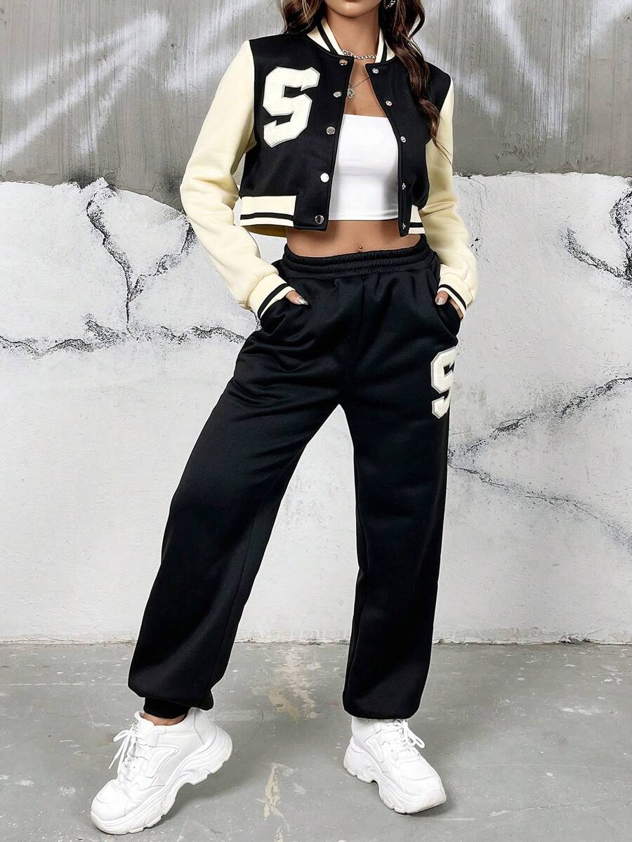 SHEIN EZwear Thư được vá Sọc trang trí Áo khoác & Quần nỉ - Nhiều màu - Xem 1