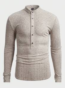GENTILAND Men Marled Knit Half Button Tee - Khaki - View 3