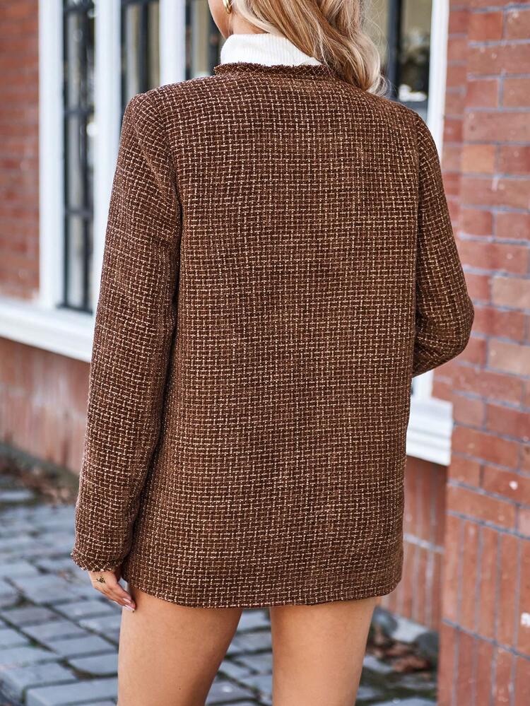 Plaid Pattern Pocket Patched Open Front Overcoat Fall Cloth For Women