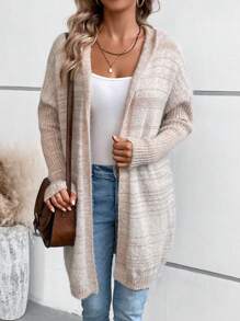 SHEIN LUNE 段染落肩袖連帽開襟開衫 - 卡其色 - 查看 4