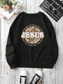 SHEIN EZwear 豹紋和標語圖案保暖套頭衫 - 黑色 - 查看 1