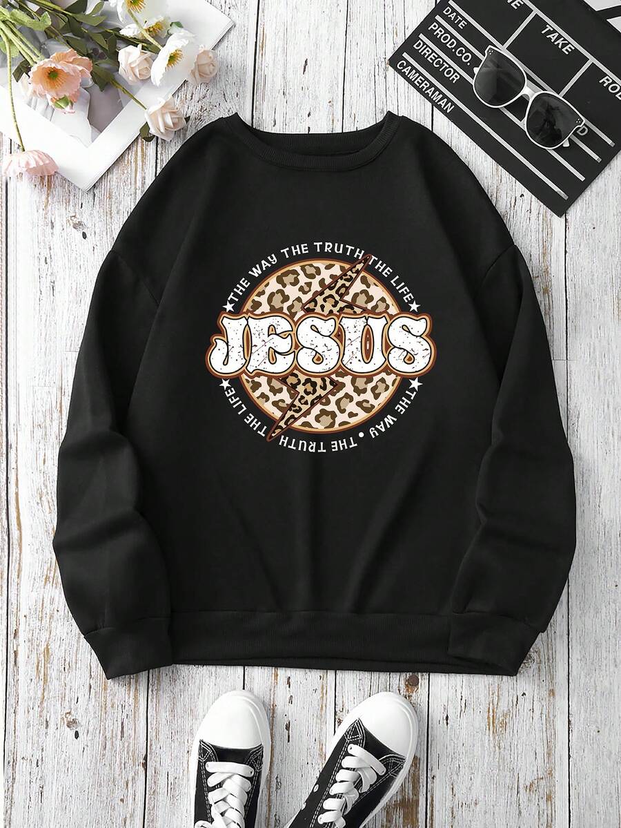 SHEIN EZwear 豹紋和標語圖案保暖套頭衫 - 黑色 - 查看 1